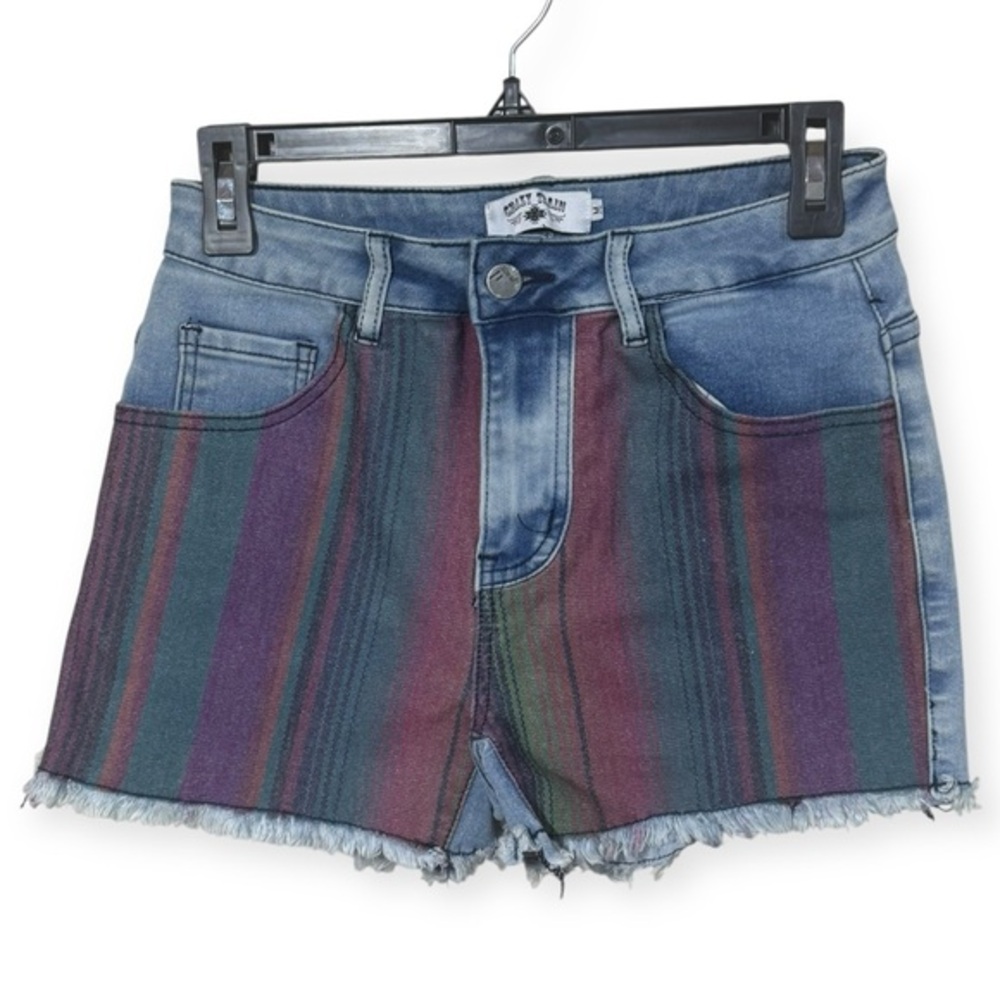 Crazy Train Blue and Purple Jean Shorts Distressed Casual